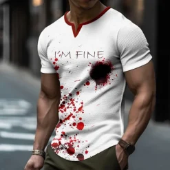 Blood stains I'm Fine Vacation Sports Fashion Men's 3D Print T shirt Tee Party Street Sports Outdoor T shirt Red & White Short Sleeve Crew Neck Shirt Summer Spring Clothing Apparel S M L XL 2XL 3XL