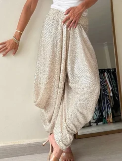 Bloomers Punk Fashion Full Length High Waist Solid Color Sequins Comfy Breathability Soft Micro-elastic Outdoor Street Black Champagne Spring & Fall Loose Fit
