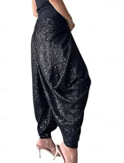 Bloomers Punk Fashion Full Length High Waist Solid Color Sequins Comfy Breathability Soft Micro-elastic Outdoor Street Black Champagne Spring & Fall Loose Fit