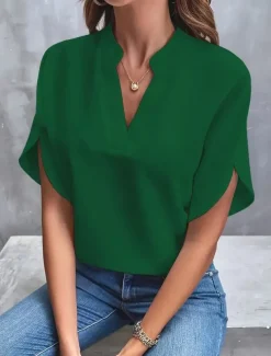 Blouse Dressy Tops Women's Black White Yellow Solid / Plain Color Sexy Daily Elegant V Neck Regular Fit S