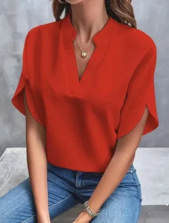Blouse Dressy Tops Women's Black White Yellow Solid / Plain Color Sexy Daily Elegant V Neck Regular Fit S