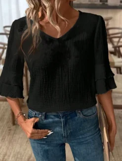 Blouse Women's Black White Pink Solid / Plain Color Flounced Shirred Daily Elegant V Neck Regular Fit S
