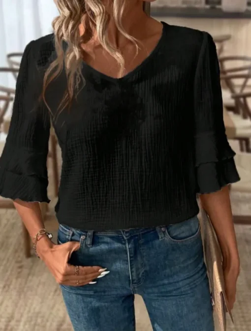 Blouse Women's Black White Pink Solid / Plain Color Flounced Shirred Daily Elegant V Neck Regular Fit S