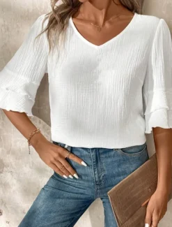 Blouse Women's Black White Pink Solid / Plain Color Flounced Shirred Daily Elegant V Neck Regular Fit S