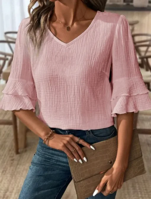 Blouse Women's Black White Pink Solid / Plain Color Flounced Shirred Daily Elegant V Neck Regular Fit S