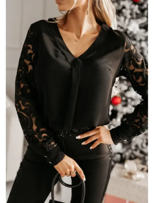 Blouse Women's Black White Solid / Plain Color Lace Daily Elegant V Neck Regular Fit S