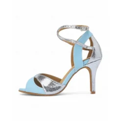 Blue and Silver Metallic Strappy Dance Sandals for Women – High Heel, Adjustable Crisscross Design, Ideal for Dance Performances