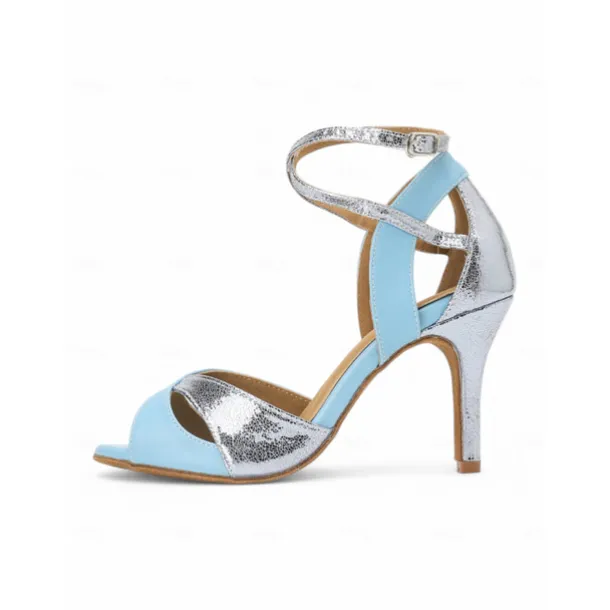 Blue and Silver Metallic Strappy Dance Sandals for Women – High Heel, Adjustable Crisscross Design, Ideal for Dance Performances