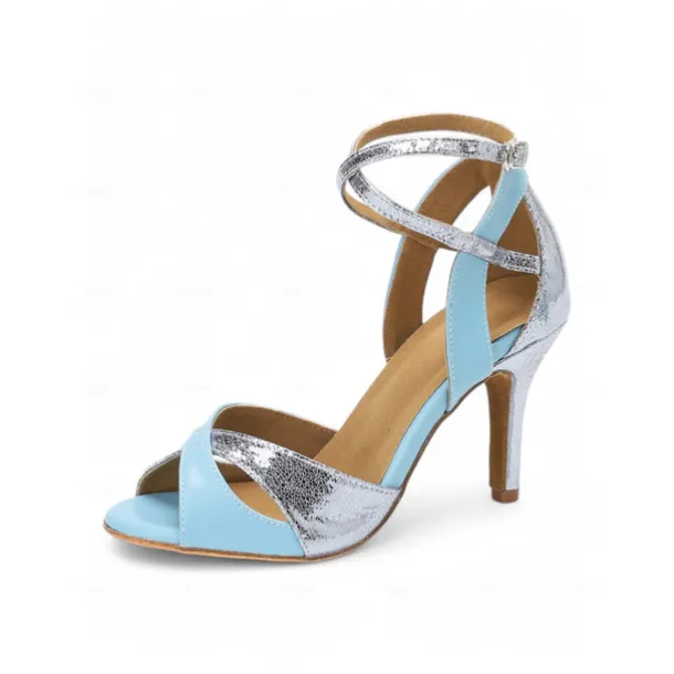Blue and Silver Metallic Strappy Dance Sandals for Women – High Heel, Adjustable Crisscross Design, Ideal for Dance Performances