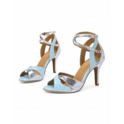 Blue and Silver Metallic Strappy Dance Sandals for Women – High Heel, Adjustable Crisscross Design, Ideal for Dance Performances
