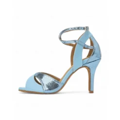 Blue and Silver Metallic Strappy Dance Sandals for Women – High Heel, Adjustable Crisscross Design, Ideal for Dance Performances