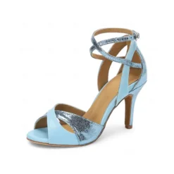Blue and Silver Metallic Strappy Dance Sandals for Women – High Heel, Adjustable Crisscross Design, Ideal for Dance Performances