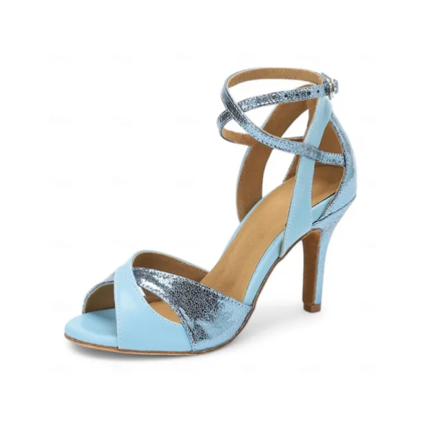 Blue and Silver Metallic Strappy Dance Sandals for Women – High Heel, Adjustable Crisscross Design, Ideal for Dance Performances