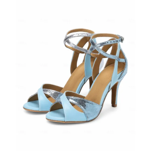 Blue and Silver Metallic Strappy Dance Sandals for Women – High Heel, Adjustable Crisscross Design, Ideal for Dance Performances