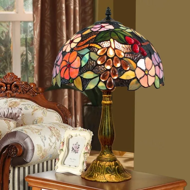 Blue Green Stained Glass Vintage Table Lamp 12X12X18 Inches Dragonfly Style Bedside Nightstand Desk Lamp for Living Room Bedroom with 2 LED Bulbs