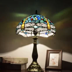 Blue Green Stained Glass Vintage Table Lamp 12X12X18 Inches Dragonfly Style Bedside Nightstand Desk Lamp for Living Room Bedroom with 2 LED Bulbs