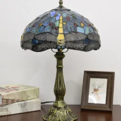 Blue Green Stained Glass Vintage Table Lamp 12X12X18 Inches Dragonfly Style Bedside Nightstand Desk Lamp for Living Room Bedroom with 2 LED Bulbs