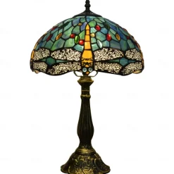Blue Green Stained Glass Vintage Table Lamp 12X12X18 Inches Dragonfly Style Bedside Nightstand Desk Lamp for Living Room Bedroom with 2 LED Bulbs