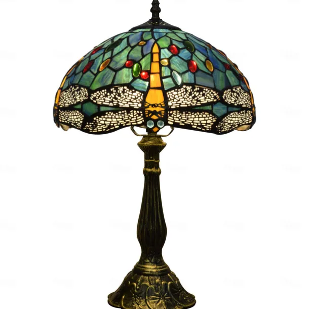 Blue Green Stained Glass Vintage Table Lamp 12X12X18 Inches Dragonfly Style Bedside Nightstand Desk Lamp for Living Room Bedroom with 2 LED Bulbs