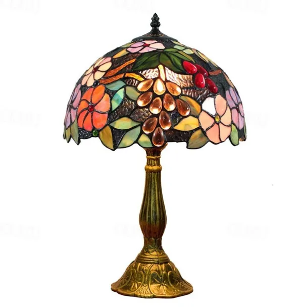 Blue Green Stained Glass Vintage Table Lamp 12X12X18 Inches Dragonfly Style Bedside Nightstand Desk Lamp for Living Room Bedroom with 2 LED Bulbs