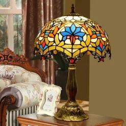 Blue Green Stained Glass Vintage Table Lamp 12X12X18 Inches Dragonfly Style Bedside Nightstand Desk Lamp for Living Room Bedroom with 2 LED Bulbs