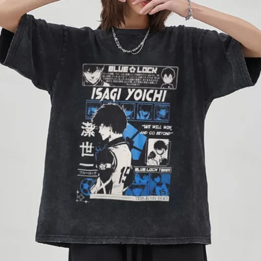 Blue Lock Isagi Yoichi T-shirt Oversized Acid Washed Tee Print Graphic For Couple's Men's Women's Adults' Acid Wash Casual Daily