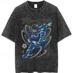 Blue Lock Isagi Yoichi T-shirt Oversized Acid Washed Tee Print Graphic For Couple's Men's Women's Adults' Acid Wash Casual Daily