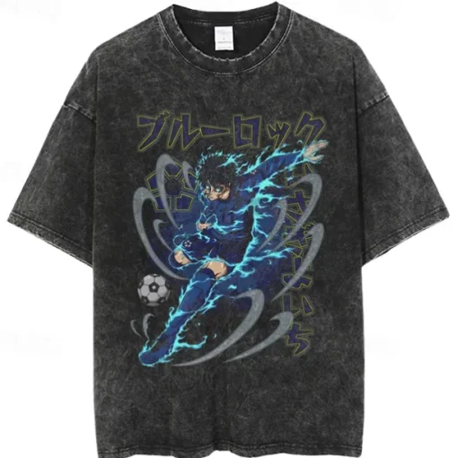 Blue Lock Isagi Yoichi T-shirt Oversized Acid Washed Tee Print Graphic For Couple's Men's Women's Adults' Acid Wash Casual Daily