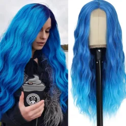 Blue Wig Long Blue Wavy Wigs for Women Middle Part Ombre Blue Wig 26 inch Natural Curly Synthetic Wig Heat Resistant Fiber Wigs for Daily Party Use Halloween Wigs