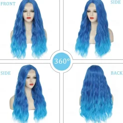 Blue Wig Long Blue Wavy Wigs for Women Middle Part Ombre Blue Wig 26 inch Natural Curly Synthetic Wig Heat Resistant Fiber Wigs for Daily Party Use Halloween Wigs