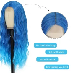 Blue Wig Long Blue Wavy Wigs for Women Middle Part Ombre Blue Wig 26 inch Natural Curly Synthetic Wig Heat Resistant Fiber Wigs for Daily Party Use Halloween Wigs