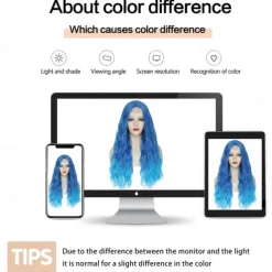 Blue Wig Long Blue Wavy Wigs for Women Middle Part Ombre Blue Wig 26 inch Natural Curly Synthetic Wig Heat Resistant Fiber Wigs for Daily Party Use Halloween Wigs