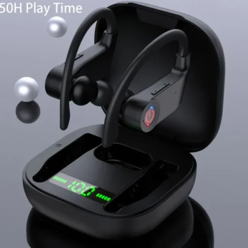 Bluetooth 5.1 Headphones Sports Earbuds 50H Deep Bass Noise Cancelling Headphones with Mic IP7 Waterproof Over-Ear Headphones USB-C/LCD Display for Running