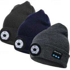 Bluetooth Beanie Hat with Lights Microphones Rechargeable Headlamp Cap Wireless Headphones Gifts for Men Women Dad Teen