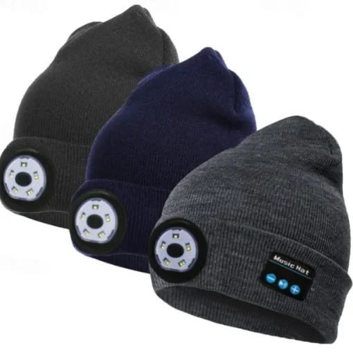 Bluetooth Beanie Hat with Lights Microphones Rechargeable Headlamp Cap Wireless Headphones Gifts for Men Women Dad Teen