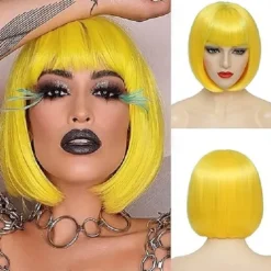 Bob Wig With Bangs Short White Bob Wigs For Women Straight Bob Bangs Wig 10 Inch Heat Resistant Synthetic Hair Natural Looking For Daily Party Use Halloween Wigs