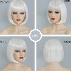 Bob Wig With Bangs Short White Bob Wigs For Women Straight Bob Bangs Wig 10 Inch Heat Resistant Synthetic Hair Natural Looking For Daily Party Use Halloween Wigs