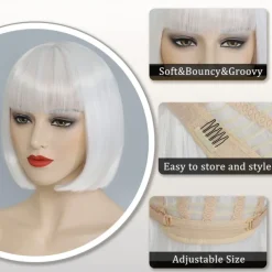 Bob Wig With Bangs Short White Bob Wigs For Women Straight Bob Bangs Wig 10 Inch Heat Resistant Synthetic Hair Natural Looking For Daily Party Use Halloween Wigs