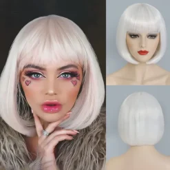 Bob Wig With Bangs Short White Bob Wigs For Women Straight Bob Bangs Wig 10 Inch Heat Resistant Synthetic Hair Natural Looking For Daily Party Use Halloween Wigs