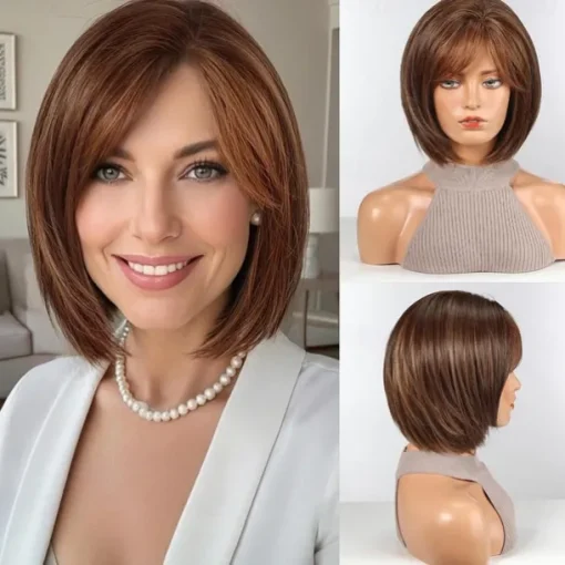 Bob Wigs for Women Synthetic Wig with Fringe Brown Color
