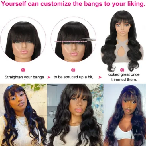 Body Wave Wigs with Bangs Human Hair Wig for Black Women Natural Color 150% Density Brazilian Virgin Hair None Lace Wigs Machine Made Wig