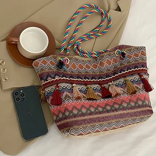 Bohemian Embroidered Canvas Tote Bag – Colorful Tassel Shoulder Handbag for Women, Casual Beach Travel Bag