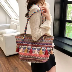 Bohemian Embroidered Canvas Tote Bag – Colorful Tassel Shoulder Handbag for Women, Casual Beach Travel Bag