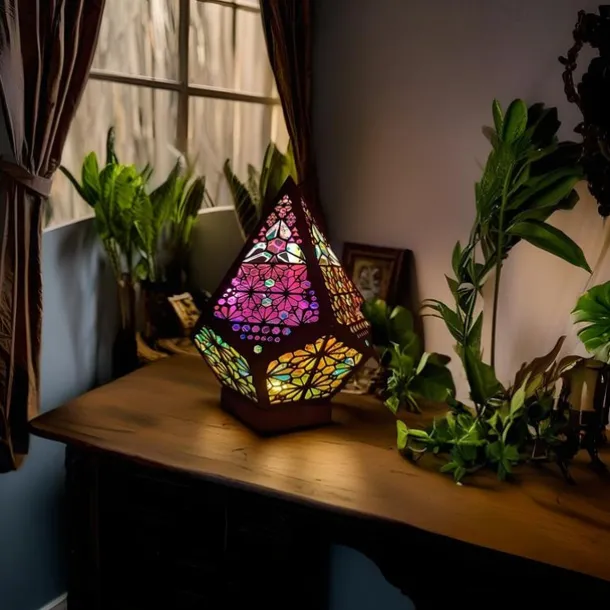 Bohemian Geometric Hollow Floor Lamp, USB Charging Retro LED Lamp with Colorful 3D Projection for Home Decor, Weddings and Parties