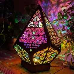Bohemian Geometric Hollow Floor Lamp, USB Charging Retro LED Lamp with Colorful 3D Projection for Home Decor, Weddings and Parties