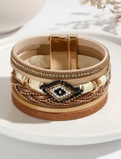 Boho Beaded Multilayer Leather Bracelet – Women's Trendy Wrap Bracelet with Magnetic Clasp for Casual and Bohemian Styles