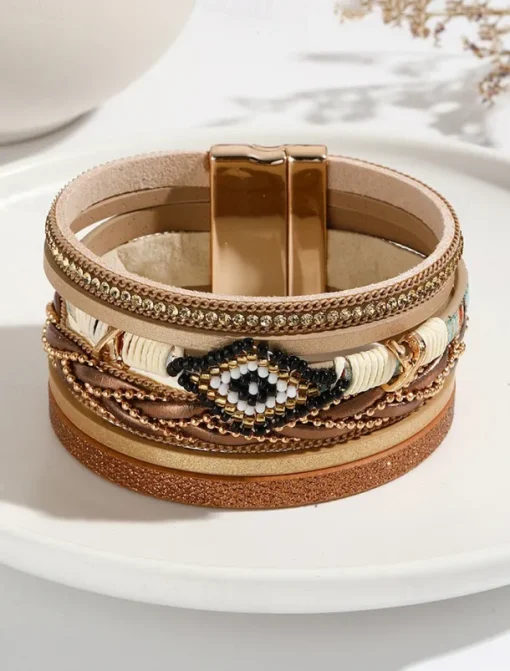 Boho Beaded Multilayer Leather Bracelet – Women's Trendy Wrap Bracelet with Magnetic Clasp for Casual and Bohemian Styles