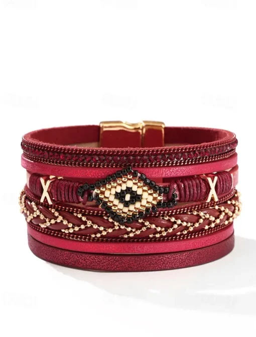 Boho Beaded Multilayer Leather Bracelet – Women's Trendy Wrap Bracelet with Magnetic Clasp for Casual and Bohemian Styles