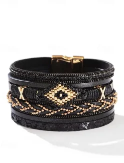 Boho Beaded Multilayer Leather Bracelet – Women's Trendy Wrap Bracelet with Magnetic Clasp for Casual and Bohemian Styles