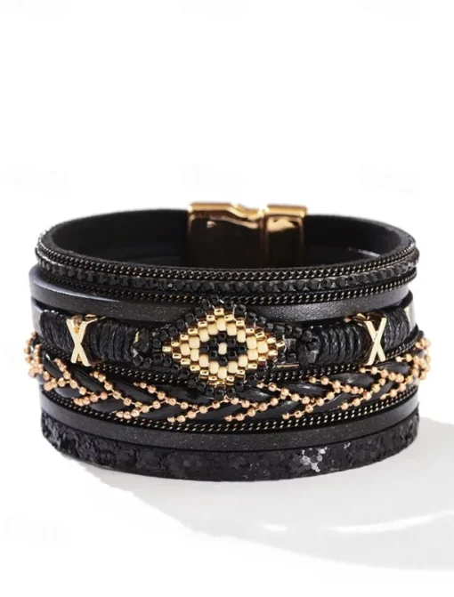 Boho Beaded Multilayer Leather Bracelet – Women's Trendy Wrap Bracelet with Magnetic Clasp for Casual and Bohemian Styles